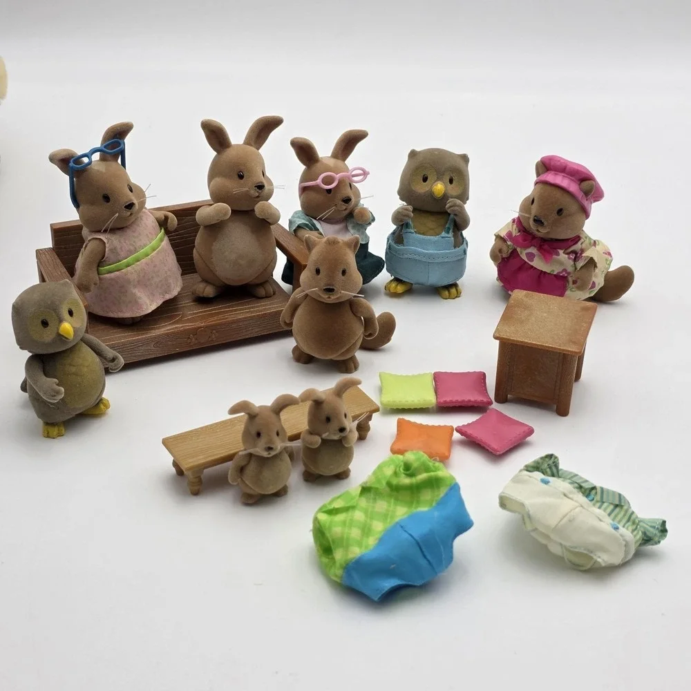 Calico Critters Little Woodzeez Cotton‎ ball Bunnies LOT OF 9 with Accessories.